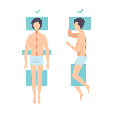 Man Lying in Correct Sleeping Pose for Neck and Spine Vector Setのイラスト素材