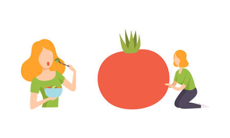 Young Female with Healthy Vegan Food Having Light and Energy Vector Setのイラスト素材