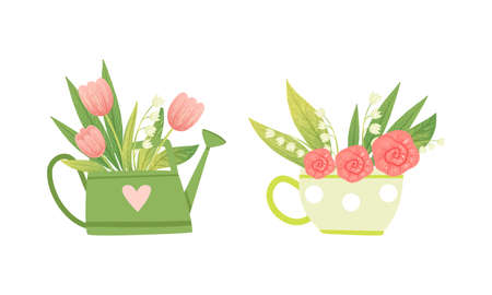 Spring Blooming Pink Tulip and Lily of the Valley Flower Bouquet Vector Setのイラスト素材