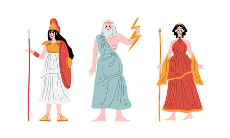 Ancient Greek God with Zeus Holding Lightning Bolt and Athena with Shield and Spear Vector Setのイラスト素材