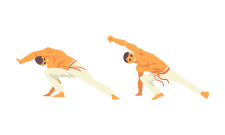 Young Male in White Pants and Naked Torso Doing Karate or Martial Art Vector Setのイラスト素材