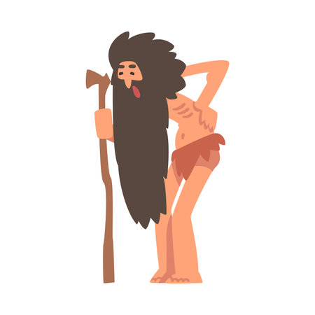 Primitive Old Man Character from Stone Age Wearing Animal Skin Leaning on Cane Having Backache Vector Illustrationのイラスト素材