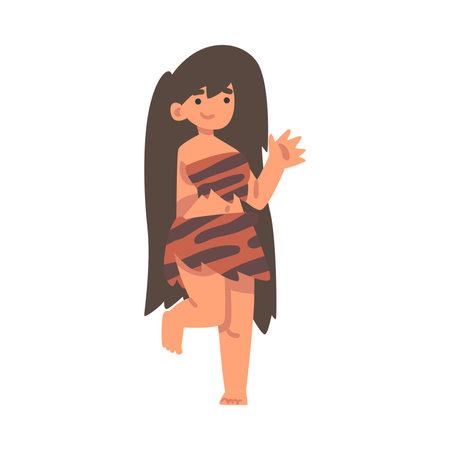 Standing Primitive Woman Character from Stone Age Wearing Animal Skin Waving Hand Vector Illustrationのイラスト素材