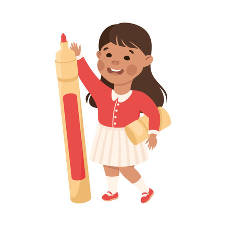 Cute Girl with Huge Felt Pen as School Stationery Vector Illustrationのイラスト素材