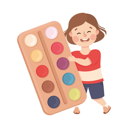 Cute Girl with Huge Watercolour Paints as School Stationery Vector Illustrationのイラスト素材