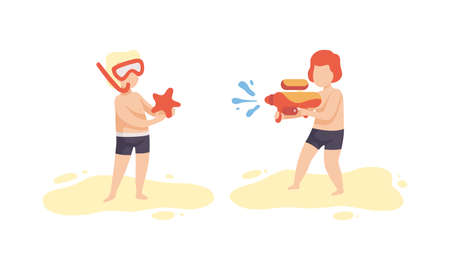 Boy Having Vacation at Sea Playing with Water Pistol and Standing with Snorkeling Mask Vector Setのイラスト素材