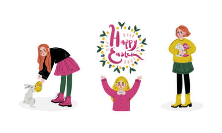 Joyful Girl Engaged in Egg Hunting Celebrating Easter Holiday Vector Setのイラスト素材