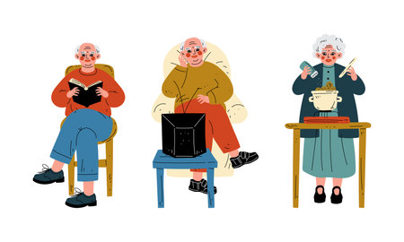 Senior Grey-haired Man and Woman Cooking and Reading Book in Armchair Vector Setのイラスト素材