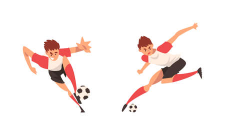 Young Man in Boots and Knee-highs Playing Football or Soccer Moving the Ball Around Pitch Scoring Goals Vector Setのイラスト素材