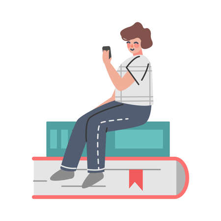 Podcast or Spoken Episodic Serie Listening with Man Character Sitting on Huge Book Vector Illustrationのイラスト素材