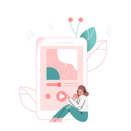 Podcast or Spoken Episodic Serie Listening with Woman Character in Headphones and Huge Playback Device Vector Illustrationのイラスト素材