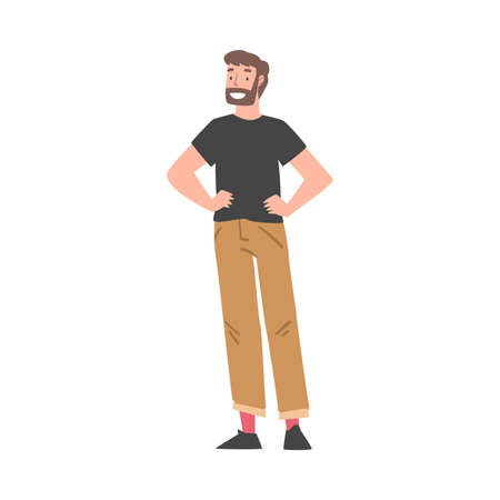 Positive Bearded Man Character Standing Having Hands on Hips with Smiling Face Feeling Euphoric and in High Spirits Vector Illustrationのイラスト素材