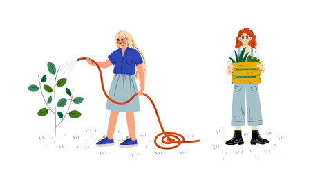 Woman Working in Garden Watering Plant with Hose and Holding Wooden Crate Vector Setのイラスト素材