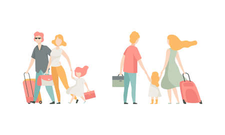Family Travelling with Kids Pulling Suitcase Holding Child by Hand Vector Setのイラスト素材