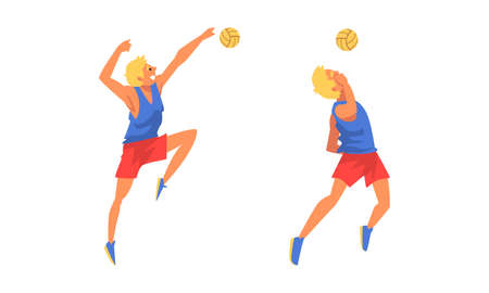 Young Blond Man Volleyball Player Hitting and Tossing the Ball with Hands Vector Setのイラスト素材