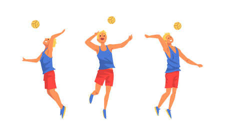 Young Blond Man Volleyball Player Hitting and Tossing the Ball with Hands Vector Setのイラスト素材