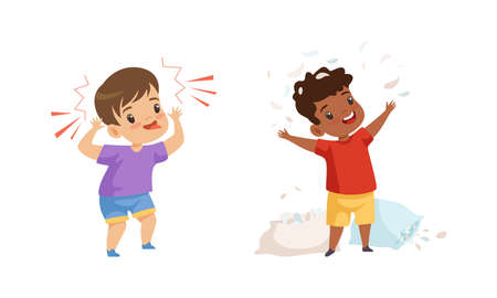 Naughty Little Boy Showing Grimace and Tongue and Tearing Pillow Vector Setのイラスト素材
