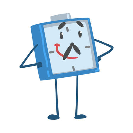 Blue Smiling Alarm Clock Character Standing with Arms on Hips Vector Illustrationのイラスト素材