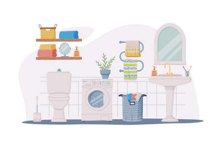 Bathroom or Washroom Interior with Sink, Washing Machine and Toilet Bowl Vector Illustrationのイラスト素材