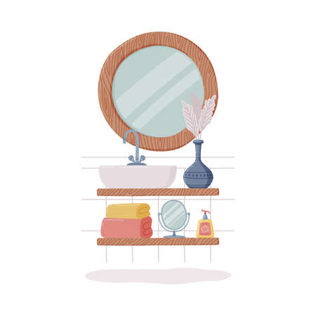 Bathroom or Washroom Interior with Mirror and Sink with Tap Vector Illustrationのイラスト素材