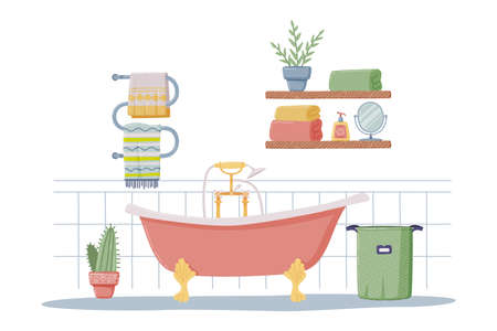 Bathroom or Washroom Interior with Towel Rail, Bathtub and Laundry Basket Vector Illustrationのイラスト素材