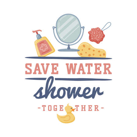Bathroom Lettering with Shower and Washing Inscription and Sponge Vector Illustrationのイラスト素材