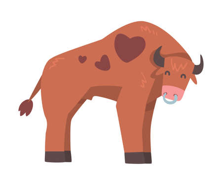 Brown Spotted Bull with Horns and Ring in the Nose in Standing Pose Vector Illustrationのイラスト素材