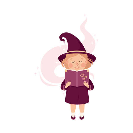 Happy Girl Witch in Purple Dress and Pointed Hat Holding Spellbook Practising Witchcraft and Doing Magic Vector Illustrationのイラスト素材