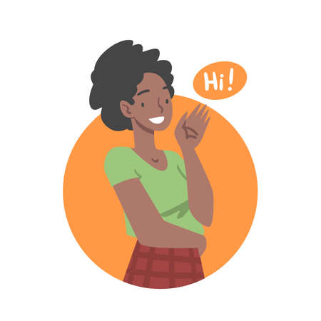 Young African American Woman Saying Hello and Showing Hand Greeting Gesture Vector Illustrationのイラスト素材