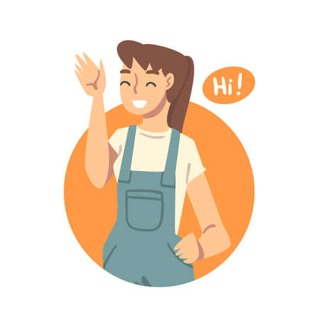 Young Woman Saying Hello and Showing Hand Greeting Gesture Vector Illustrationのイラスト素材