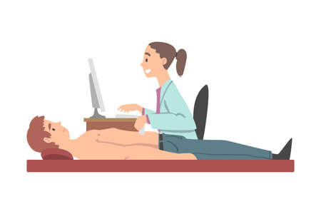 Medical Check-up with Female Doctor in White Coat Examining Patient with Ultrasonography Vector Illustrationのイラスト素材