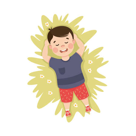 Little Boy in His Childhood Lying on Green Lawn Daydreaming Vector Illustrationのイラスト素材