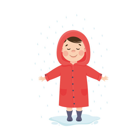 Little Boy in His Childhood Walking in the Rain Wearing Coat and Rubber Boots Vector Illustrationのイラスト素材