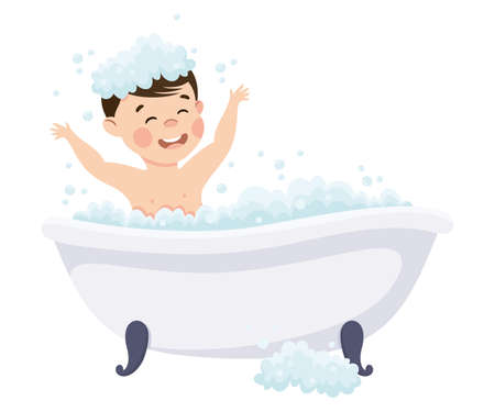 Little Boy in His Childhood Bathing in Bathtub with Foam Vector Illustrationのイラスト素材