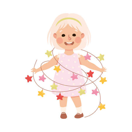 Little Blond Girl in Her Childhood Wrapped in Star Garland Laughing Vector Illustrationのイラスト素材