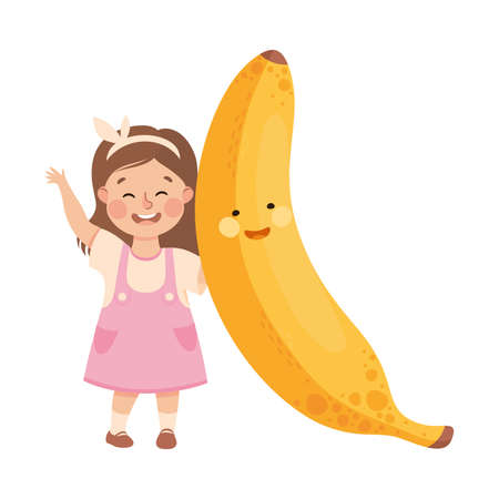 Happy Girl with Big Banana Fruit with Cheerful Smiley Vector Illustrationのイラスト素材