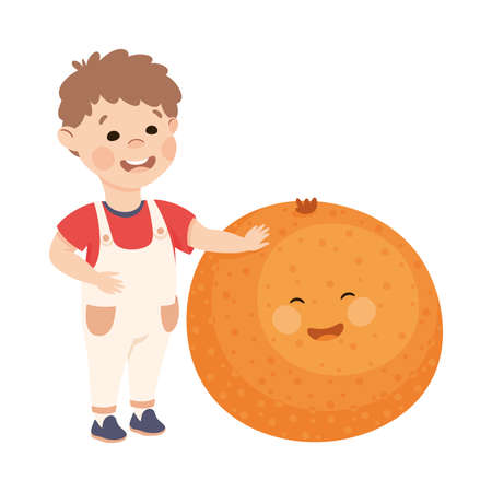 Happy Boy with Big Orange Fruit with Cheerful Smiley Vector Illustrationのイラスト素材