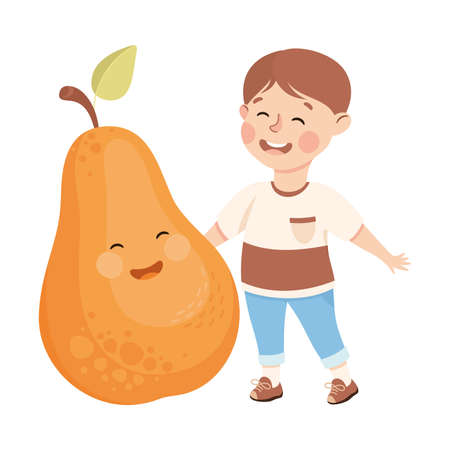 Happy Boy with Big Pear Fruit with Cheerful Smiley Vector Illustrationのイラスト素材