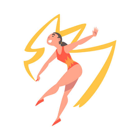 Woman Gymnast as Circus Artist Character with Ribbon Performing on Stage or Arena Vector Illustrationのイラスト素材