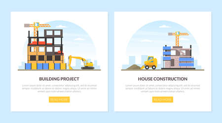 Construction Machinery and Heavy Equipment on Building Site Engaged in Earthwork Operation Vector Templateのイラスト素材