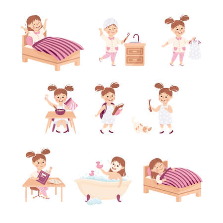 Little Girl Engaged in Daily Activity and Everyday Routine Vector Setのイラスト素材