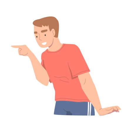 Smiling Man Character Pointing with Index Finger as Hand Gesture Vector Illustrationのイラスト素材