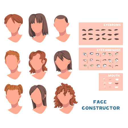 Woman Face Constructor with Head and Spare Parts Like Eyebrow, Eyes and Mouth Vector Setのイラスト素材