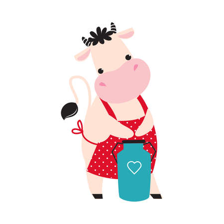 Cute Cow in Apron as Farm Animal on Ranch with Milk Can Vector Illustrationのイラスト素材