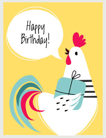 Happy Birthday Card with Rooster as Farm Bird Holding Gift Box Greeting and Congratulating Vector Illustrationのイラスト素材