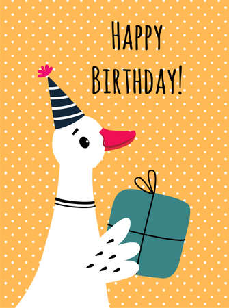 Happy Birthday Card with Farm Goose in Hat Holding Gift Box as Holiday Greeting and Congratulation Vector Illustrationのイラスト素材
