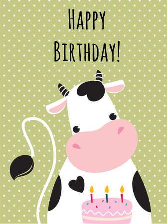 Happy Birthday Card with Cow Farm Animal with Cake as Holiday Greeting and Congratulation Vector Illustrationのイラスト素材