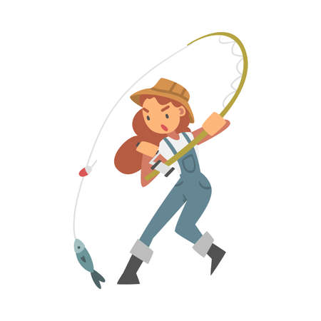 Young Woman Character in Fisherman Boots with Angling Rod Fishing Vector Illustrationのイラスト素材