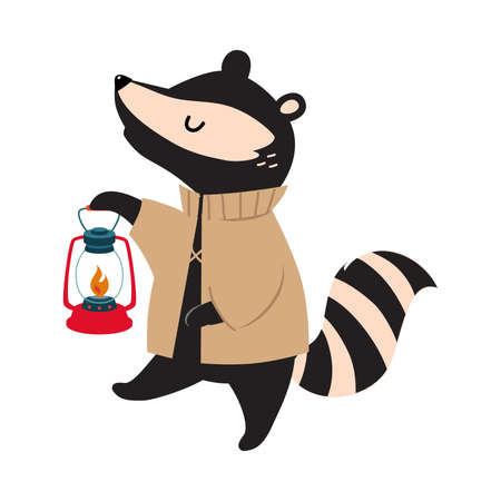 Cute Raccoon as Forest Animal Walking with Lantern Vector Illustrationのイラスト素材