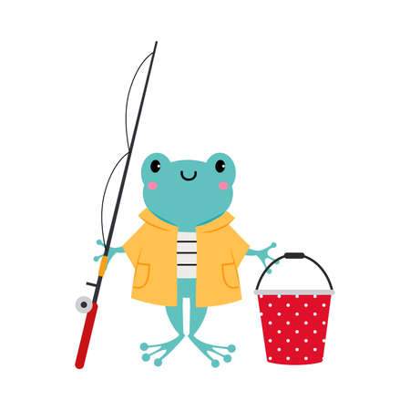 Cute Frog as Forest Animal in Coat with Bucket and Fishing Rod Vector Illustrationのイラスト素材